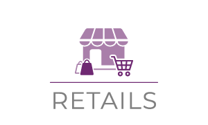 Logo violet représentant une boutique avec des paniers d’achats et un cadis