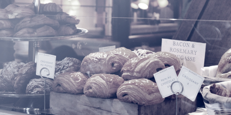 Different kinds of bread and sweets in a bakery