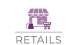 Logo violet représentant une boutique avec des paniers d’achats et un cadis