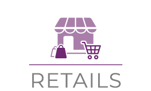 Purple logo representing a shop with shopping baskets and a cadis